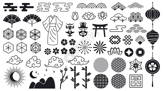 亚洲东方元素日本或花朵装饰品云和灯笼亚洲传统图标东方文化矢量符号