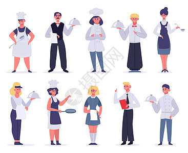 厨房工人餐厅作员角色厨师助理招待员和服务厨师病媒说明成套穿制服的男女雇员餐厅工作人烹饪和服务图片