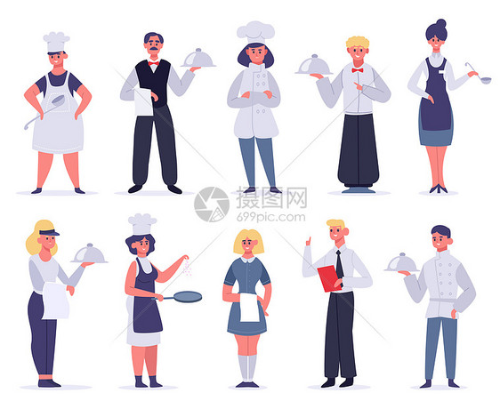 厨房工人餐厅作员角色厨师助理招待员和服务厨师病媒说明成套穿制服的男女雇员餐厅工作人烹饪和服务图片