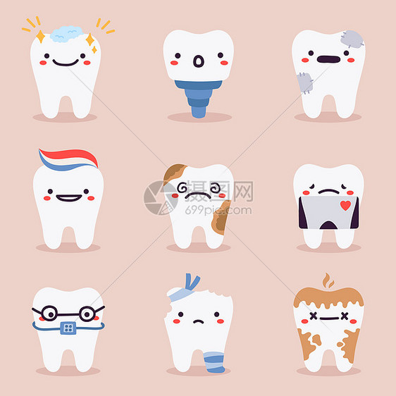 牙吉祥物有科问题治疗牙齿保健和卫生病媒说明符号的牙科型眼病保健康和卫生病媒说明符号图片