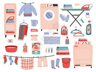 家庭洗衣清洁晾衣绳洗衣机脸盆洗衣液图标集图片