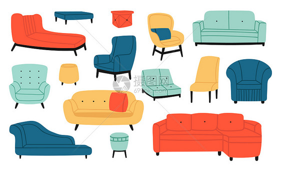 现代舒适软家具沙发凳子和椅客厅室内装饰矢量插图带有枕头或坐垫的最低限度家具装甲椅子和沙发现代舒适软家具凳子和椅图片