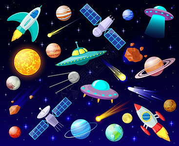 卡通开放空间行星宇宙天体火箭飞船和乌弗天文学星航器矢量图集神奇火箭和不明飞行物体银河系宇宙飞船和乌弗图片