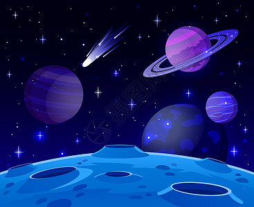 卡通空间景观宇宙行星表面未来天体景观星系恒和彗查看矢量背景说明无生命土地夜间有弹坑图片