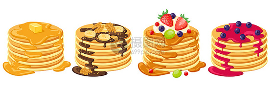 卡通煎饼果酱奶油巧克力糖浆水果和酱的美味煎饼早餐食物矢量插图美式果和坚早午餐美味食物矢量插图图片