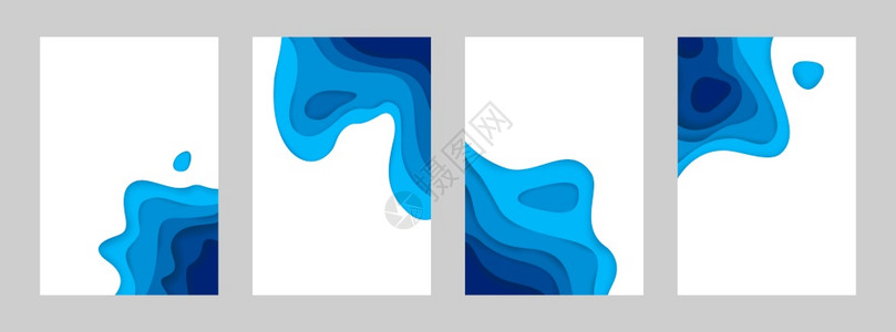 纸切割海报3D洋横幅有纸切割最小梯度布局蓝色折纸几何波垂直抽象背景设计收藏矢量纸切割传单或小册子集纸切割海报集3d洋横幅有纸切割图片