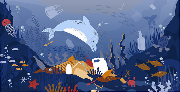 在有废物和塑料垃圾的脏水中游泳的海洋动物图片