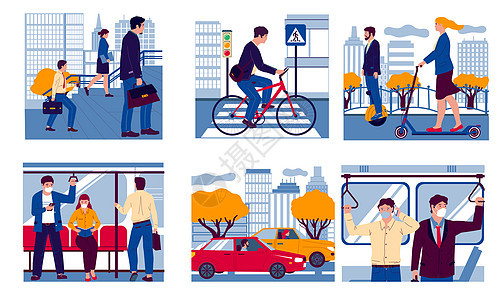 现代男女使用交通工具出行卡通矢量插画图片