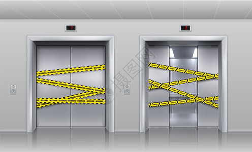 关闭用于修理或维的断裂电梯现实的半开放客运和货电梯的金属舱门被黑色和黄警告带挡住病媒室内插图断裂的电梯被关闭用于修理或维现实的半图片