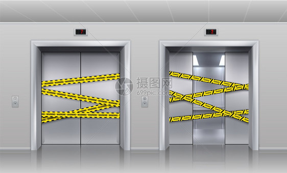 关闭用于修理或维的断裂电梯现实的半开放客运和货电梯的金属舱门被黑色和黄警告带挡住病媒室内插图断裂的电梯被关闭用于修理或维现实的半图片