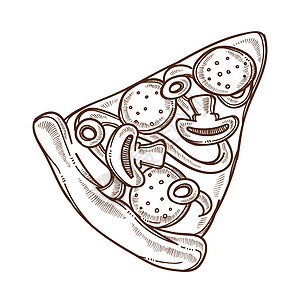 意大利菜三角形与橄榄和酱汁奶酪肉制品烹饪快餐送货服务意大利披萨与蘑菇和香肠分离的素描图片