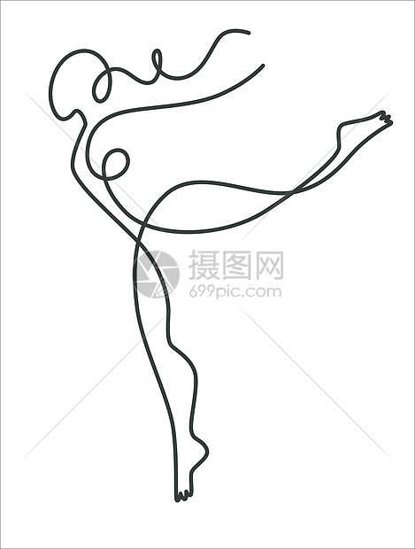 螺旋和卷状墨画单线女双影舞蹈和运动芭蕾舞者或大纲绘制连续线条艺术
