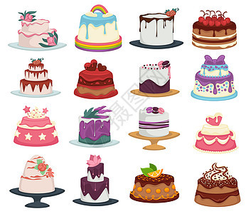 带有花和水果装饰婚礼和生日蛋糕的甜点孤立餐盘矢量巧克力和奶油有糖霜的饼干层甜食和浆果马卡龙边餐生日蛋糕边餐饭图片