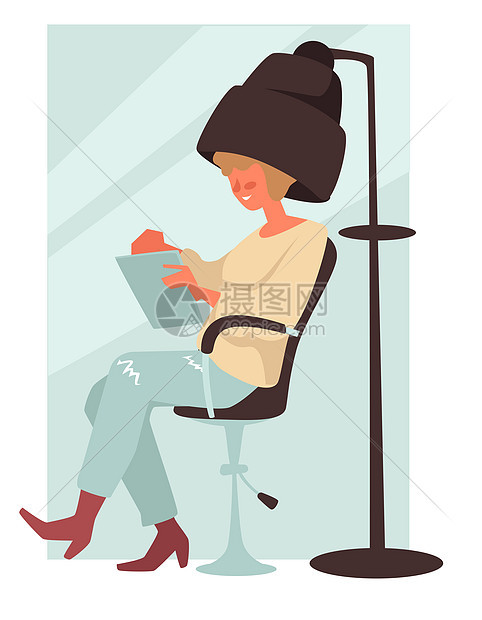 美容沙龙女脱发坐着和阅读孤立的格矢量发型或固定和干润湿发型女程序轮椅上的美容工作室客户脱发坐着和阅读的妇女孤立格图片