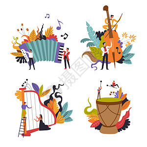 音乐家古典和民间音乐表演孤立的图标矢量哈普和小提琴口托姆鼓乐器现场演奏乐团表或节日男女奏古典和民间音乐表演器家孤立的图标图片