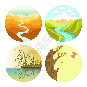 图标沙草有和树叶的河流山地和自然干植物绿草地秋自然的孤立图标插画