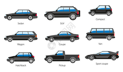轿车和SUV紧凑车厢和马小便面包小船货体育运输模式名称和汽车容量种类辆型体形状和模型名称孤立图标图片