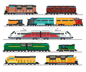 高速火车电机和柴油车货运孤立的图标矢量轮船和货运输铁路航物流和工业输孤立的图标图片