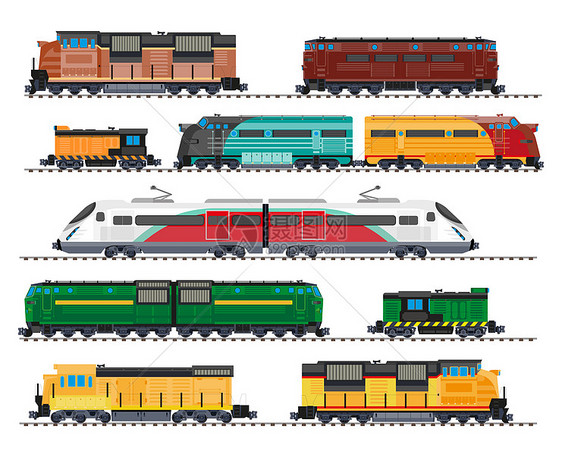 高速火车电机和柴油车货运孤立的图标矢量轮船和货运输铁路航物流和工业输孤立的图标图片