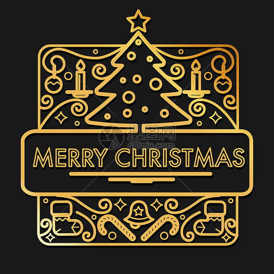 圣诞贺卡快乐黄金字母和装饰的圣诞节树矢量蜡烛和玩具袜子糖果新年庆典冬季明信片或盛金框的宴会邀请图片