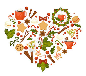 可茶叶咖啡热巧克力肉桂和蜂蜜甘蔗姜饼布朗尼圣诞节树枝可和茶叶圣诞饼干和糖果冬季假日符号图片