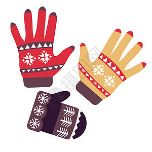 手套和羊毛x马面手套编织附件或式孤立物体矢量手指毛衣冬季物和雪花装饰物手工服棕榈保护手套和孤立物体编织或式附件图片