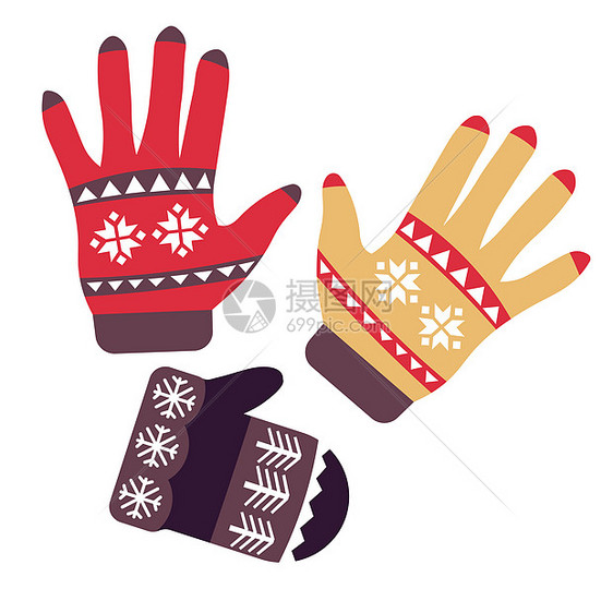 手套和羊毛x马面手套编织附件或式孤立物体矢量手指毛衣冬季物和雪花装饰物手工服棕榈保护手套和孤立物体编织或式附件图片