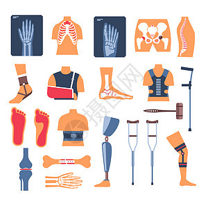 骨折或受伤拐杖和X光创伤后的康复工具孤立的图标矢量矫形和药物骨折假肢石膏脚固定器骨骼恢复受伤康骨折和拐杖X光矫形工具图片