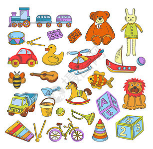 幼儿园童玩具游戏孤立的图标矢量火车和熊兔子鼓鸭车直升机游艇狮子吉他卡车马字母立方体和自行车玩具孤立的图标幼儿园童游戏图片