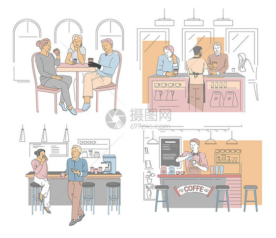 咖啡馆酒吧小场景卡通矢量插画图片