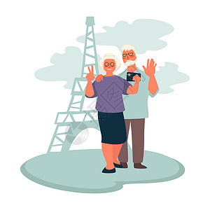 老年夫妇退休后旅行祖父母与Eiffel塔矢量自相生活积极方式祖母和父退休老年人旅行前往巴黎老人夫妇前往巴黎祖父母与Eiffel塔图片