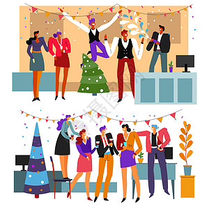 商业界人士庆祝圣诞快乐和新年办公室党矢与香槟共舞和玩乐的积极同事圣诞节树和园林男人女庆祝办公室党庆企业人士喝香槟图片