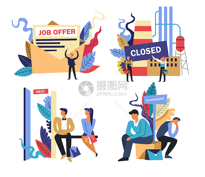 失业社会问题提供工作机会和场所缩短面试和失业人病媒包含空缺信息以及封闭工厂或等待招聘办公室的人工作和失业问题孤立的图标工作机会 和插画图片下载 正版图片 摄图网