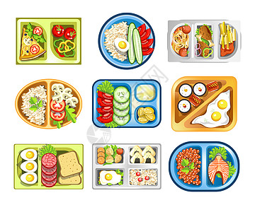 寿司盒餐桌上的午健康食品学校零孤立的圣像矢量披萨和蔬菜粥或麦片鸡肉和蘑菇寿司煎蛋面包和香肠鲑鱼子酱孤立的圣像插画