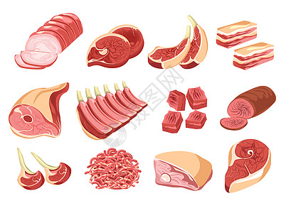 牛肉和猪火腿香肠牛肉培根和羊牛排猪市场和烹饪原料肉制品店或市场孤立食品图片