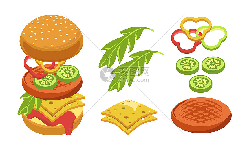 蔬菜和肉饼面包胡椒环黄瓜奶酪烹饪盘或街头餐零食芝士汉堡快餐食品制造器孤立的圣像图片
