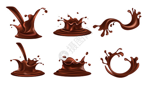 巧克力 可可巧克力花可饮料咖啡棕色浓液喷洒浇灌溢出运动现实设计饮料滴水旋转模拟产品广告和营销矢量巧克力饮料喷洒和流出以现实方式设置插画