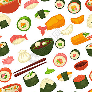 日本菜寿司和面条无缝姜黄麻病媒鱼子虾和酱豆腐芝士无尽的纹理烹饪和日本碗纸印刷寿司和面条日本菜姜和黄麻图片