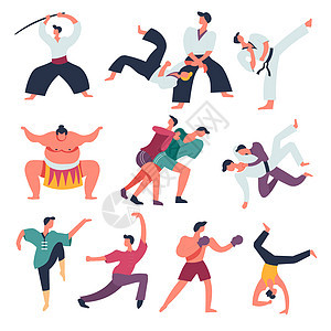 东方与艺术搏斗的孤立人物与运动员战斗的媒介Iaido和Aikidotiekwondo和SumoSambo和Judo功夫和柔道武术图片