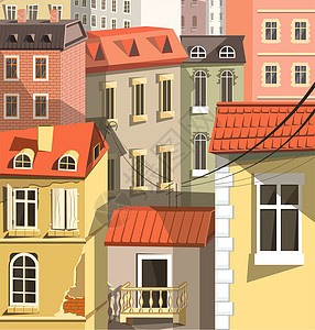 城市住宅近邻的城镇住宅有旧的欧洲建筑矢量城市景点有地窖烟囱和天线的建筑物或房屋有阳台砖建房的公寓或城市景点欧洲式的旧城镇房屋图片