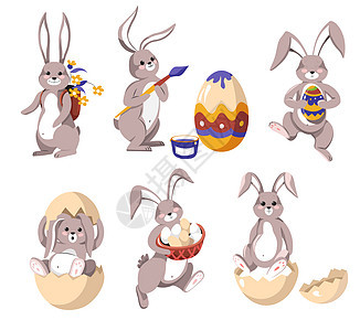 白兔复活节子带涂彩鸡蛋和鲜花矢量的复活节兔子孤立动物一篮奶制品或背包花束野哺乳动物绘画贝壳宗活动象征物复节兔子或带鸡蛋和鲜花的兔图片