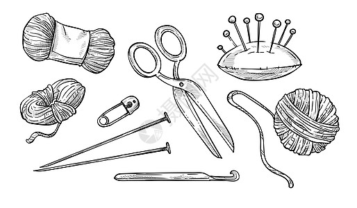 缝合针线条和编织工具针头和缝纫孤立的草图矢量插画