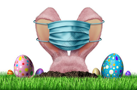复活节面罩和春季健康作为节标志兔子和装饰鸡蛋戴医疗面罩外科部保护作为3D成因图片