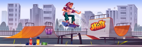 带男孩骑在滑板上的公园带斜坡墙壁涂鸦绘画用气溶胶和青少年跳上轨道的矢量卡通城市风景极端体育活动的游乐场带男孩骑在滑板上的公园图片