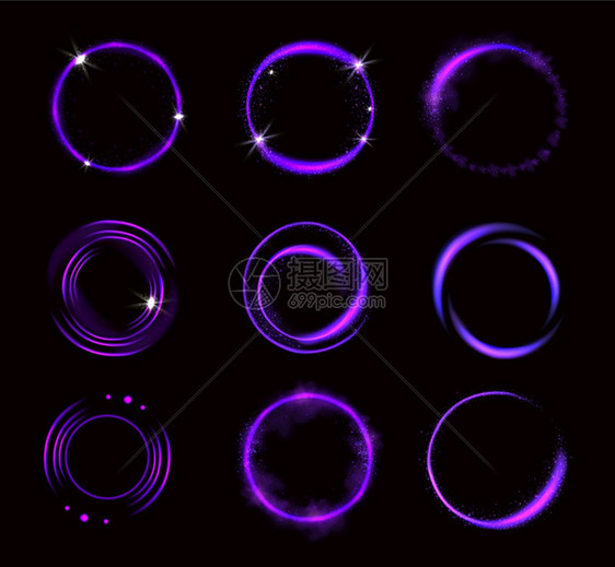 亮紫色圆环有火花闪亮的边界有光或仙尘发环幻想设计元素在黑色背景现实3d矢量图中分离设置图片