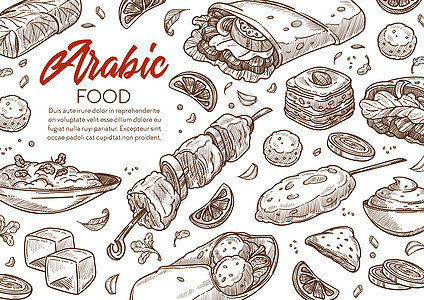 阿拉伯语食品餐厅菜单草图横幅矢量Donerkebab和baklavababaghanoush和shishlokum和hummus图片