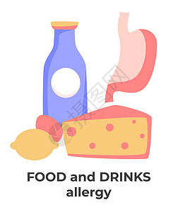 含有过敏符号乳酪和牛奶柠檬蛋的敏感警告横幅乳糖和柑橘成分或营养物质饮料和过敏或偏执柑橘和乳糖成分背景图片