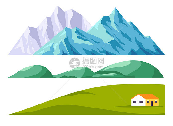 地貌图示高山田地和住宅建筑景观图案设计图片