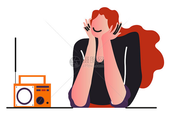 听音乐或电台在录播放器上乐或无线电广播的女孩孤立格矢量Melody和歌曲播放天线反向装置坐在桌边的妇女享有音乐成分电台广播或音乐图片