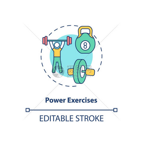 电源练习概念图标重量提升带barbell的运动员健身运动体健康物学概念细线插图矢量孤立的大纲RGB颜色绘图可编辑的中风动力练习概图片